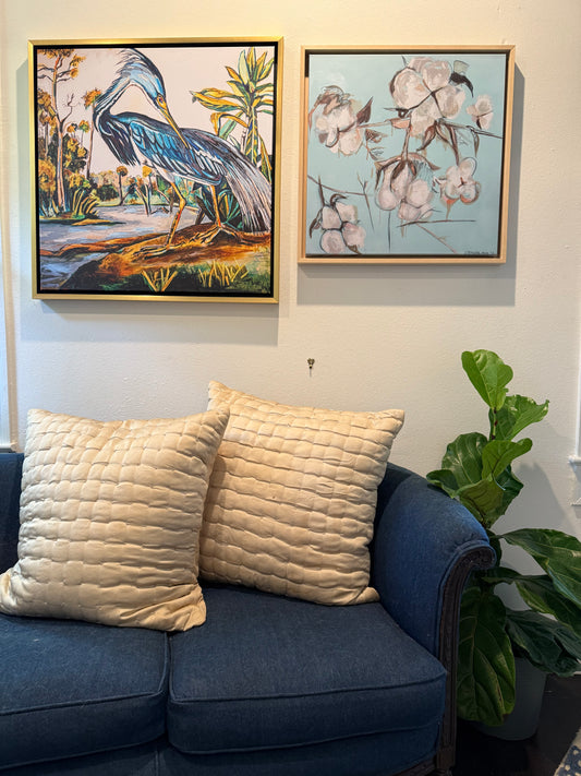Blue Heron Giclee on Canvas (36x36”) with Gold Floating Frame
