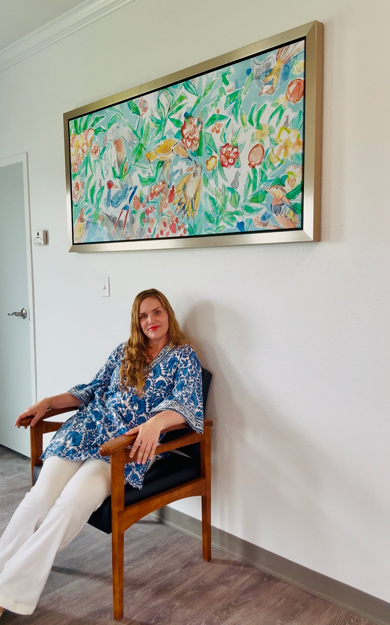 "Tree of Life with Birds Watercolor" giclee on canvas with Champagne Floating Frame (60 x 27")