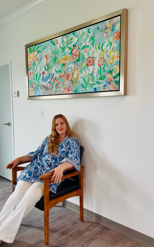 "Tree of Life with Birds Watercolor" giclee on canvas with Champagne Floating Frame (60 x 27")