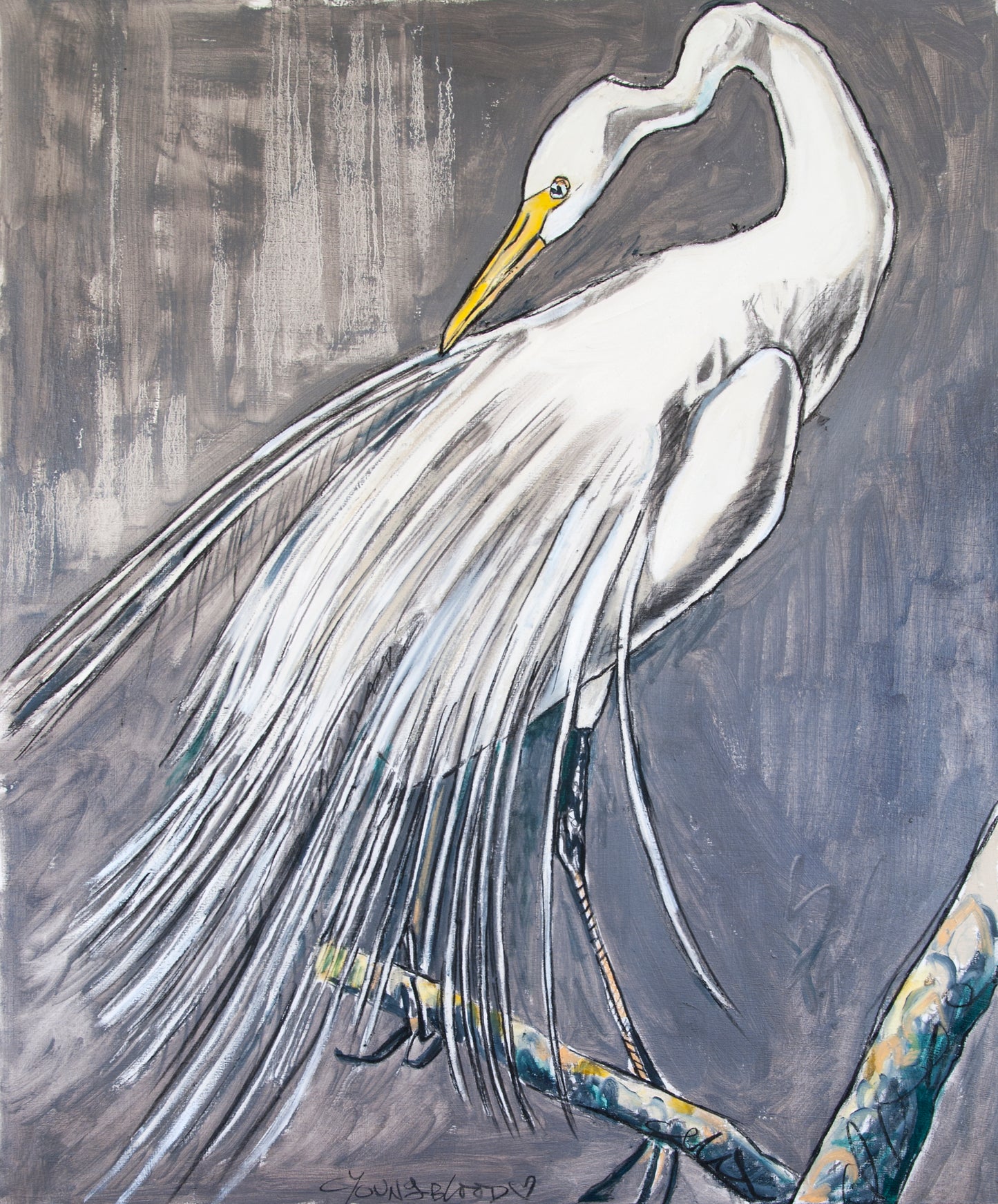 White Heron out on a Limb (30x36”) Giclee printed canvas with truffle floating frame