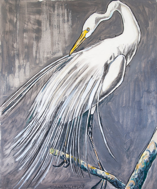 White Heron out on a Limb (30x36”) Giclee printed canvas with truffle floating frame