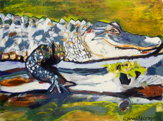 Chartreuse Gator (30x22”) Giclee on Canvas with Gold Floating Frame