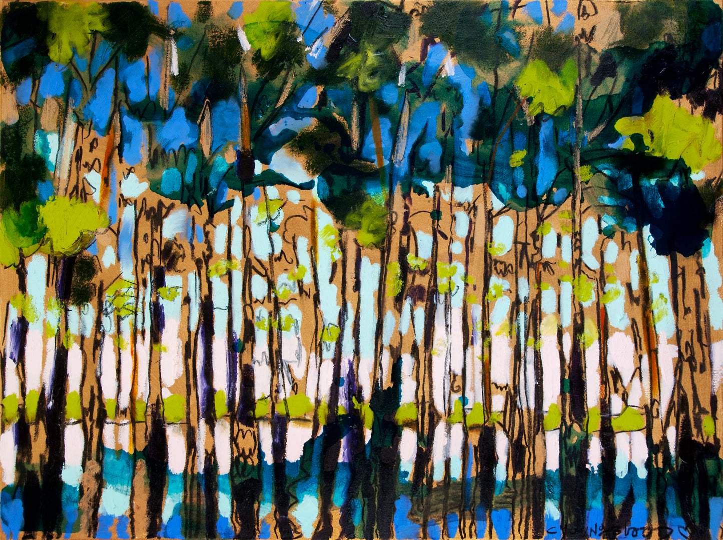 “Cypress Reflections Abstract” (48x36”) giclee printed canvas with gold floating frame