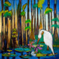 “White Heron with Cypress Trees and Lilypads” (24x24”) Giclee printed canvas with gold floating frame