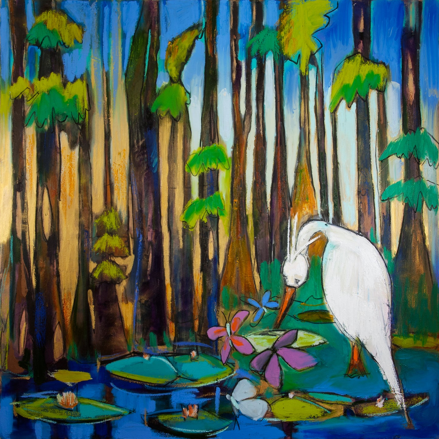 “White Heron with Cypress Trees and Lilypads” (24x24”) Giclee printed canvas with gold floating frame