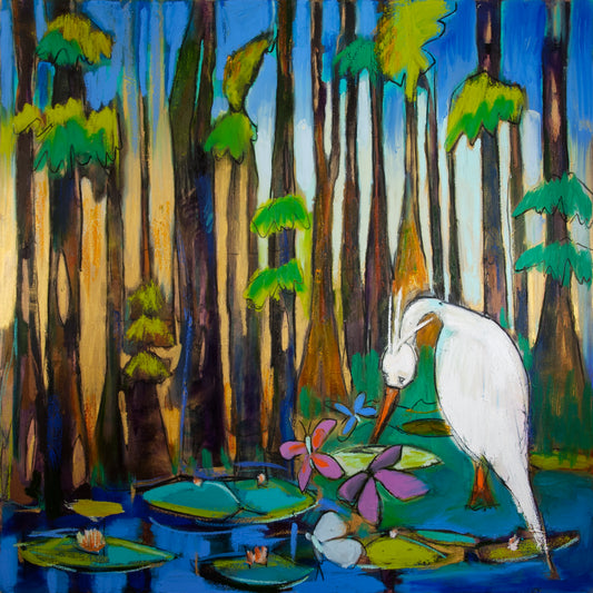 “White Heron with Cypress Trees and Lilypads” (24x24”) Giclee printed canvas with gold floating frame