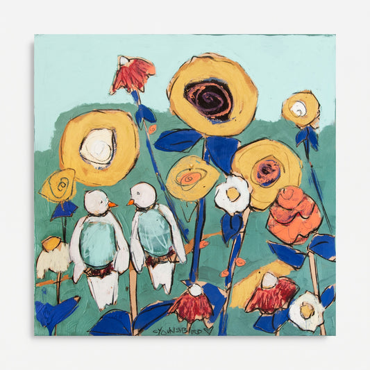 Doves with Sunflowers and Zinnias I