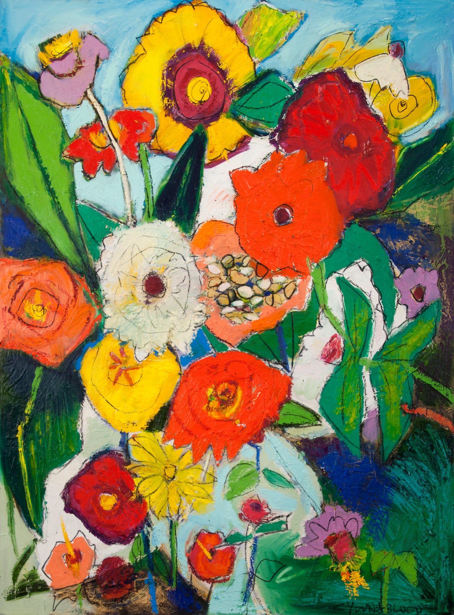 Zinnias (33x48”) Giclee printed canvas with gold floating frame