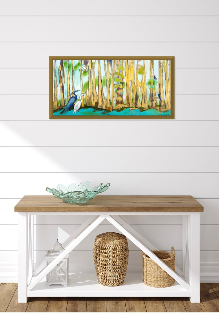 “Love Birds in Golden Bayou” (36x18”) Giclee printed canvas with solid gold floating frame