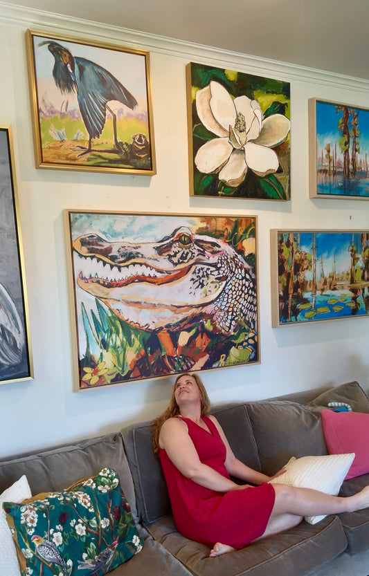 Groovy Gator (36x48”) with natural wood floating frame