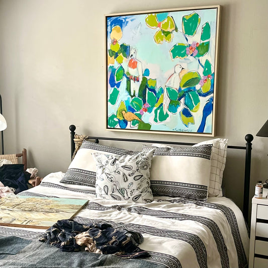 Doves in Ivy (36 x 36) giclee on canvas with Natural Wood Floating Frame
