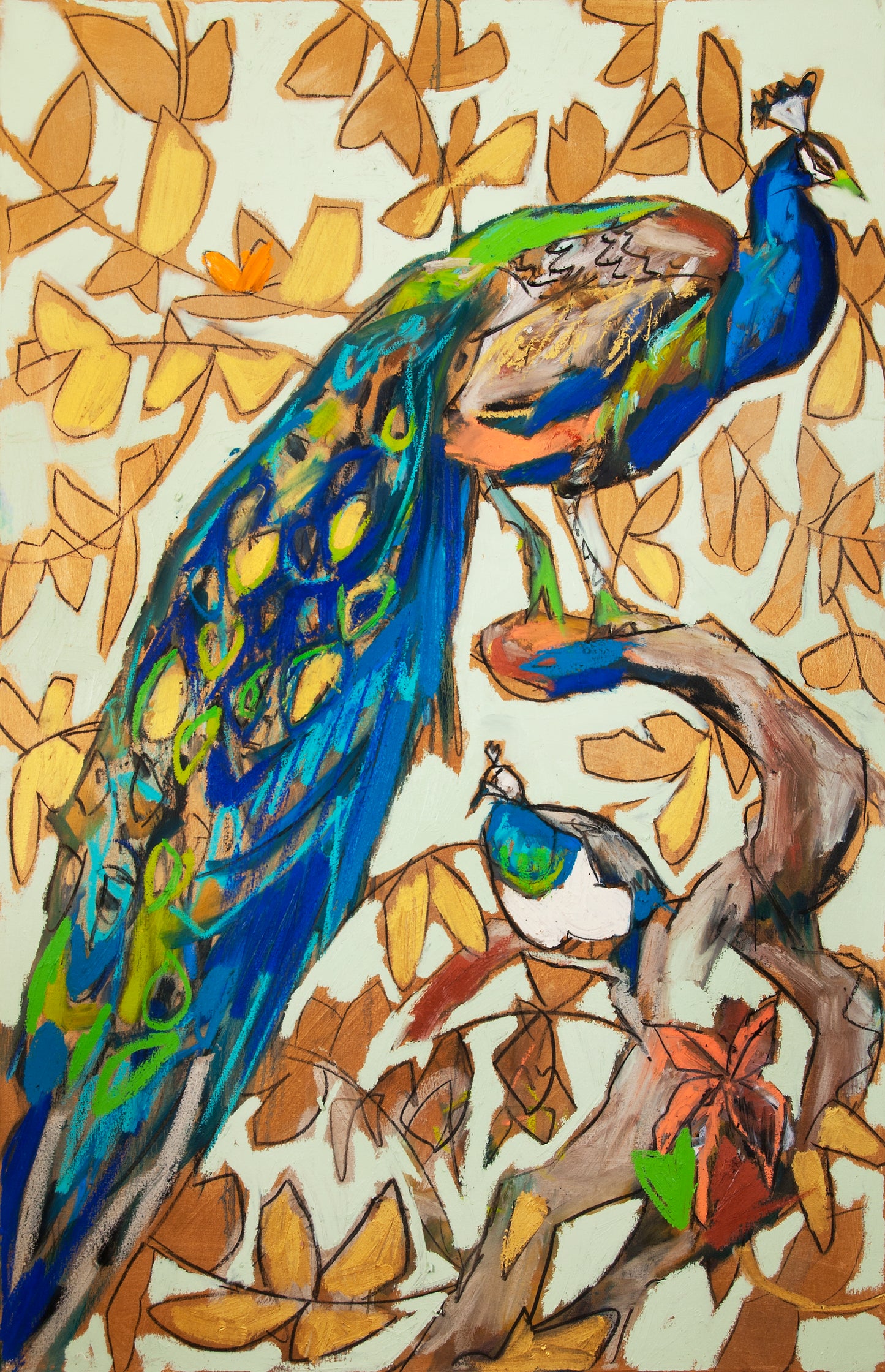 “Peacock Pair” (31x48”) giclee on canvas with gold floating frame