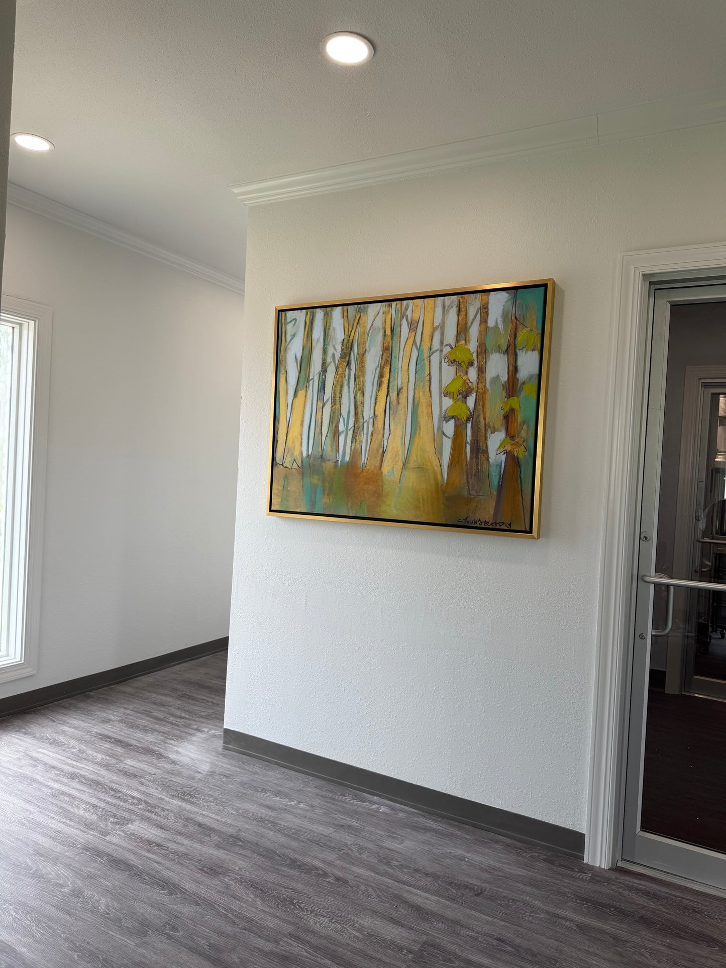 Golden Bayou with Cypress Trees (36 x 48") with Gold Floating Frame