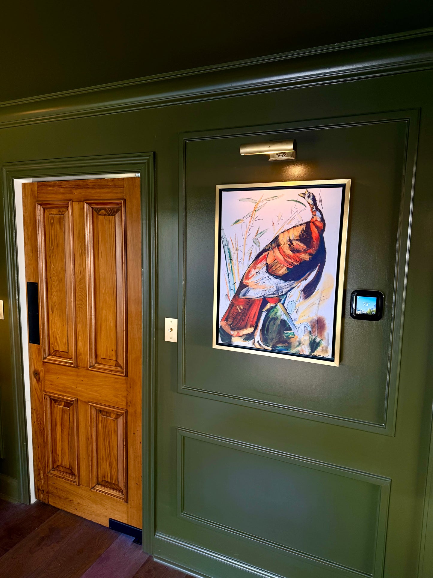 Wild Turkey (22x30”) giclee printed canvas with natural wood floating frame