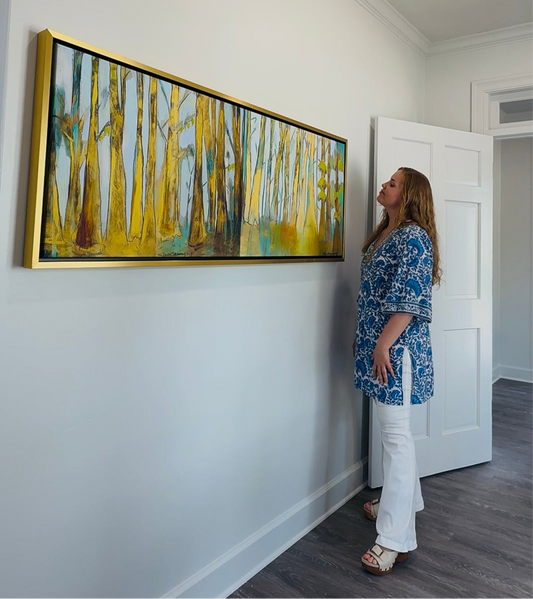 Golden Bayou with Cypress Trees Diptych (60 x 22") giclee on canvas with Gold Floating Frame