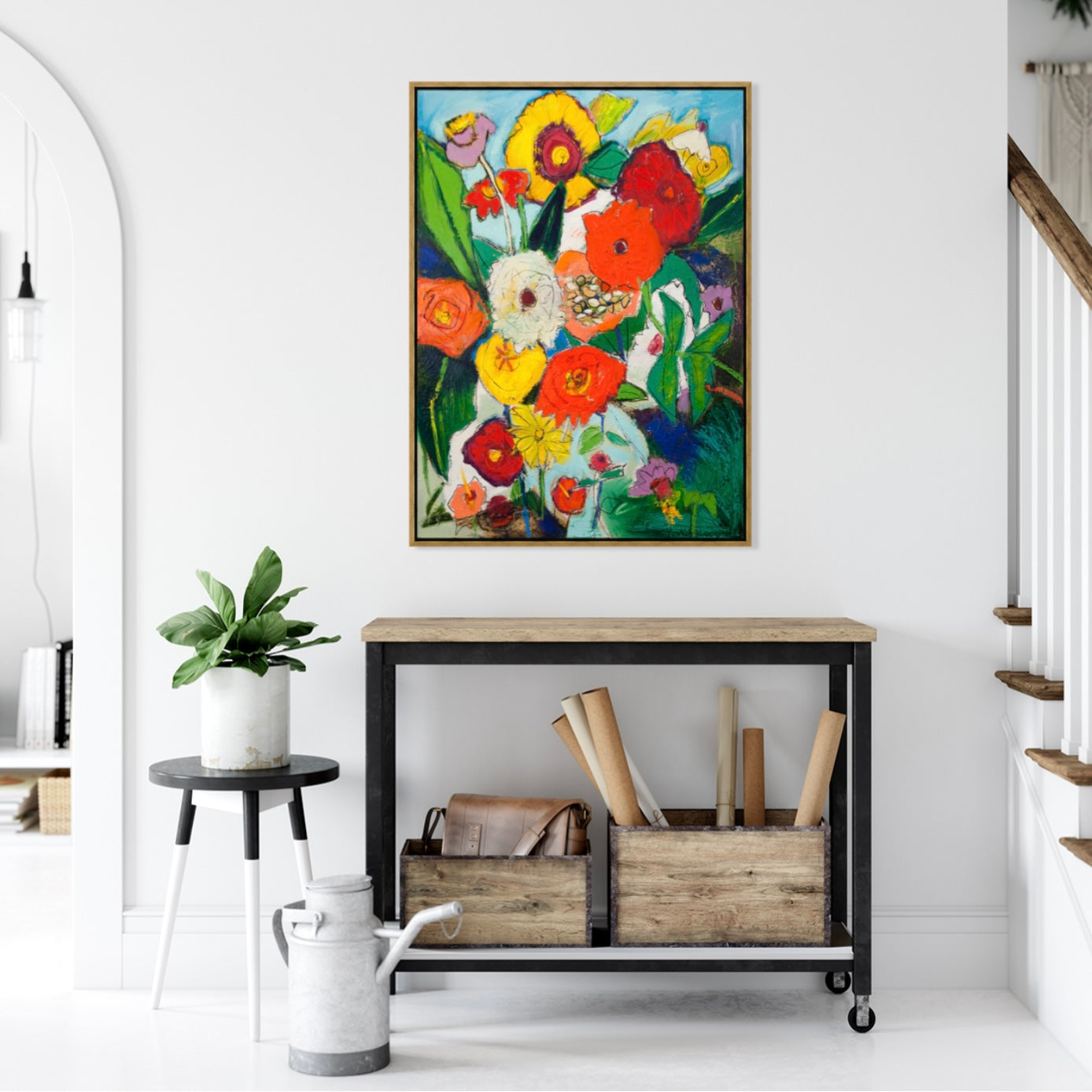 Zinnias (33x48”) Giclee printed canvas with gold floating frame