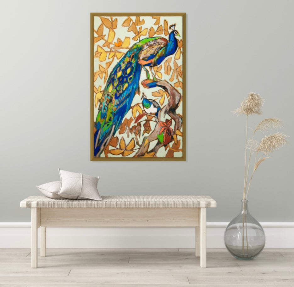 “Peacock Pair” (31x48”) giclee on canvas with gold floating frame