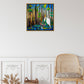 “White Heron with Cypress Trees and Lilypads” (24x24”) Giclee printed canvas with gold floating frame