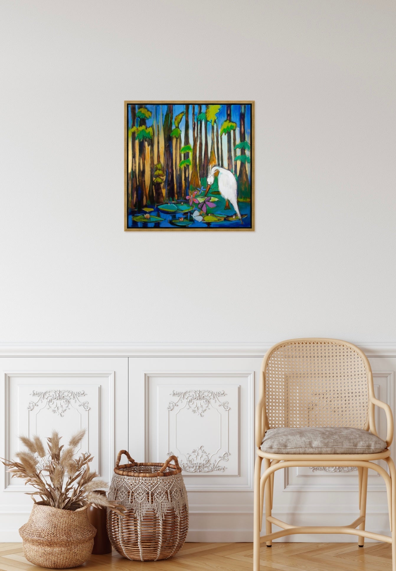 “White Heron with Cypress Trees and Lilypads” (24x24”) Giclee printed canvas with gold floating frame