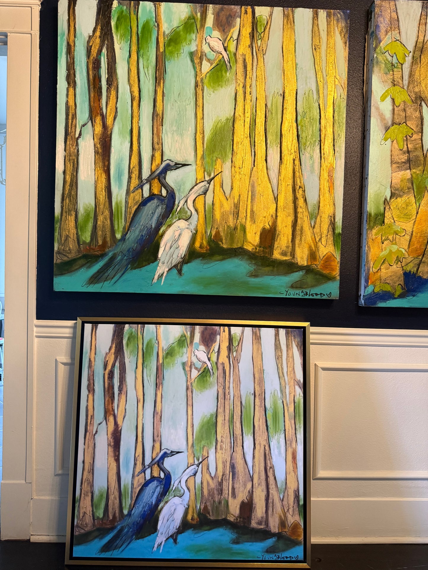Golden Bayou with Heron & Egret (36 x 36") giclee on canvas with Antique Gold Floating Frame