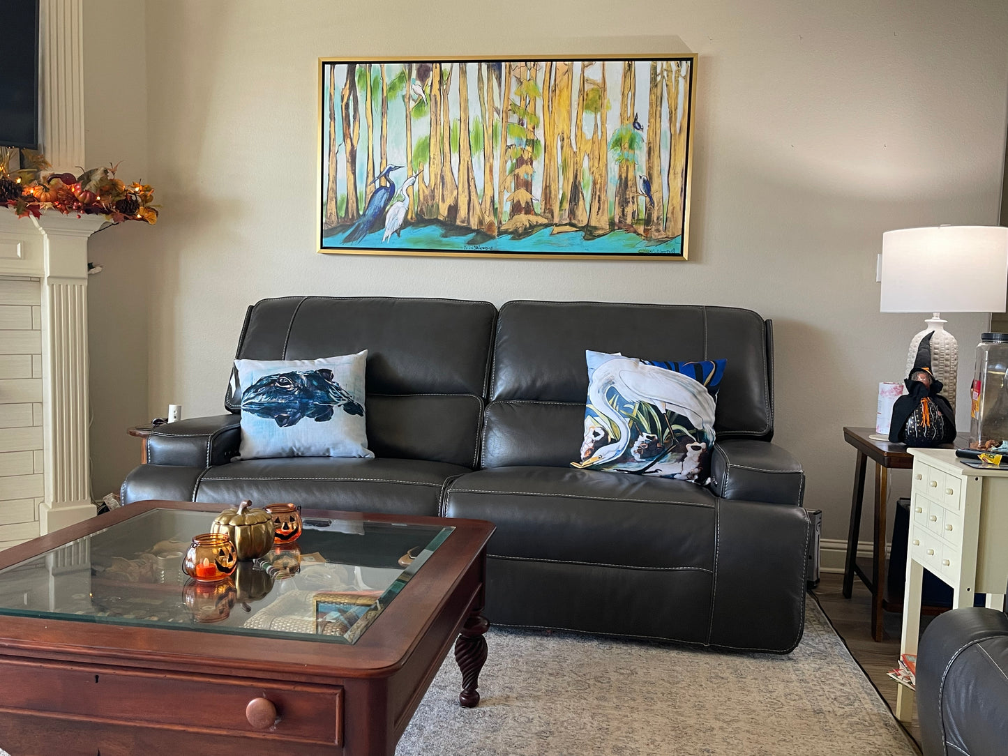 Golden Bayou with Love Birds Diptych (60 x 30") giclee on canvas with Gold Floating Frame