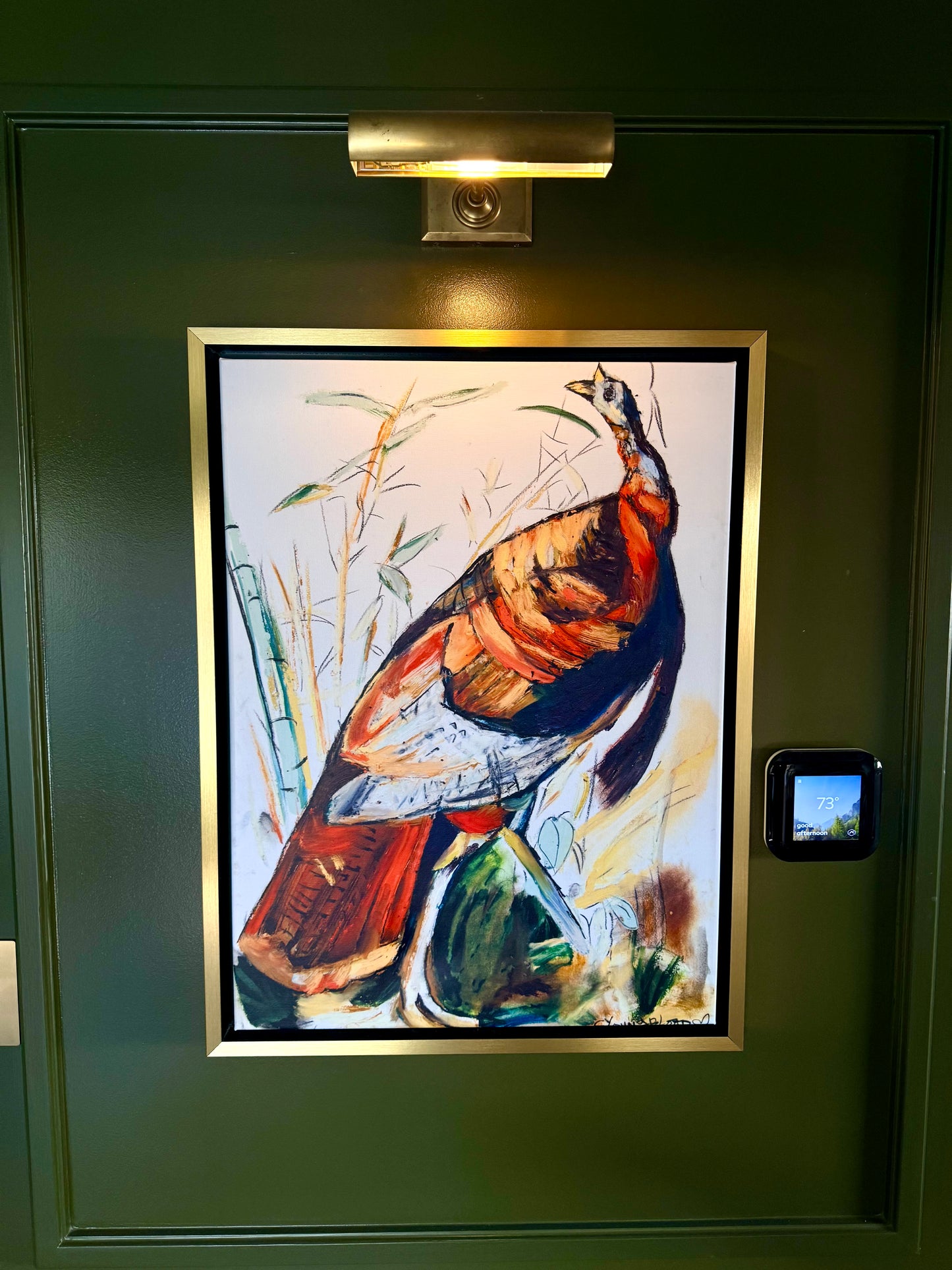 Wild Turkey (22x30”) giclee printed canvas with natural wood floating frame