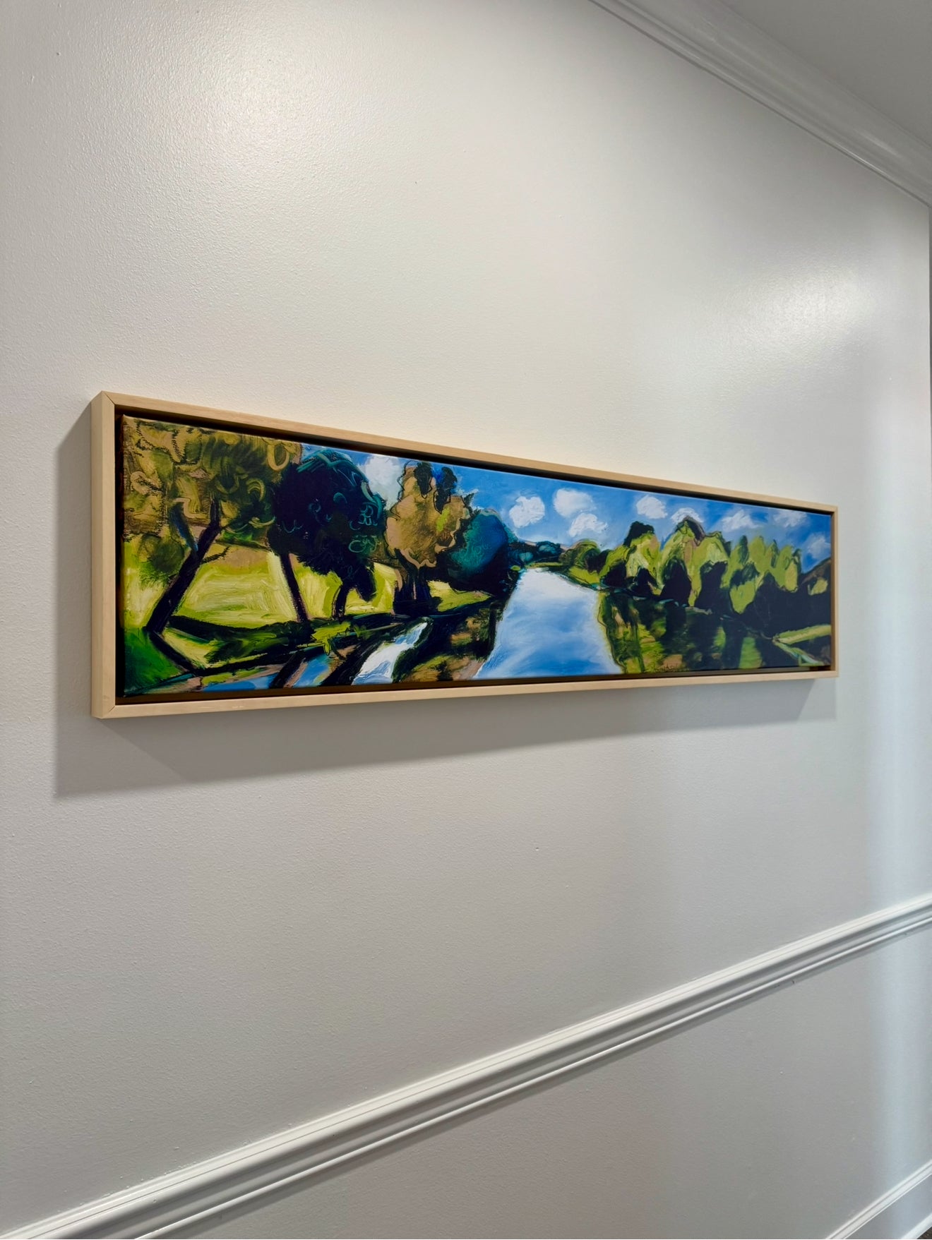 "Tranquil Lake" giclee on canvas with Natural Wood Floating Frame (60 x 13)