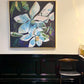 Magnolia at Night (48x48”) with gold floating frame
