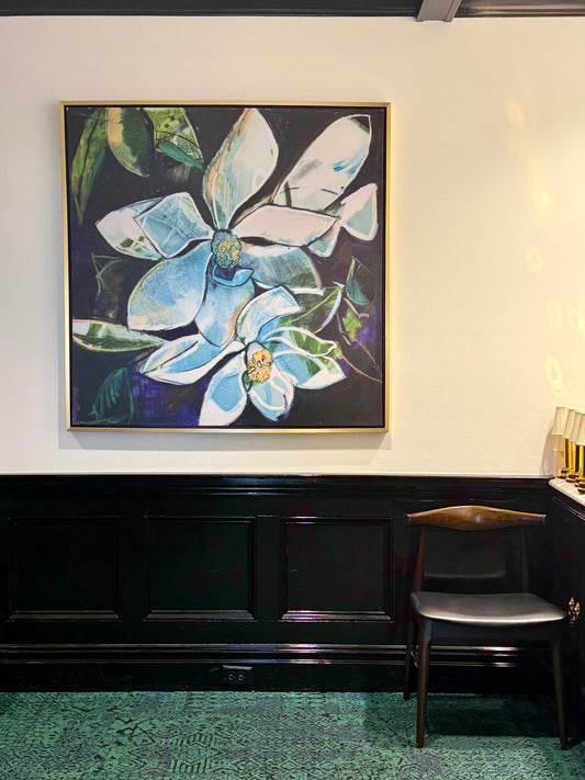 Magnolia at Night (48x48”) with gold floating frame