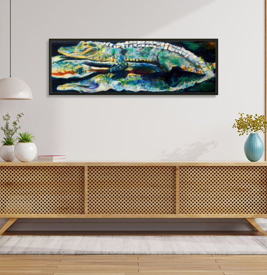 Gator Reflections (60x20”) Giclee on Canvas with Charcoal Floating Frame