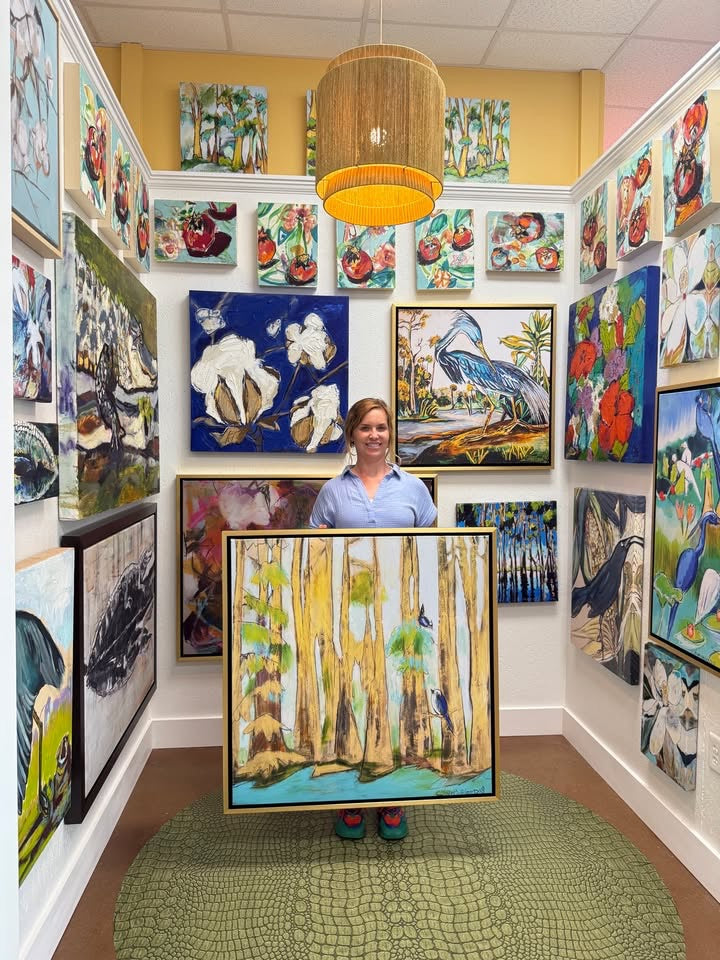 Golden Bayou with Birds (36 x 36") giclee on canvas with Gold Floating Frame