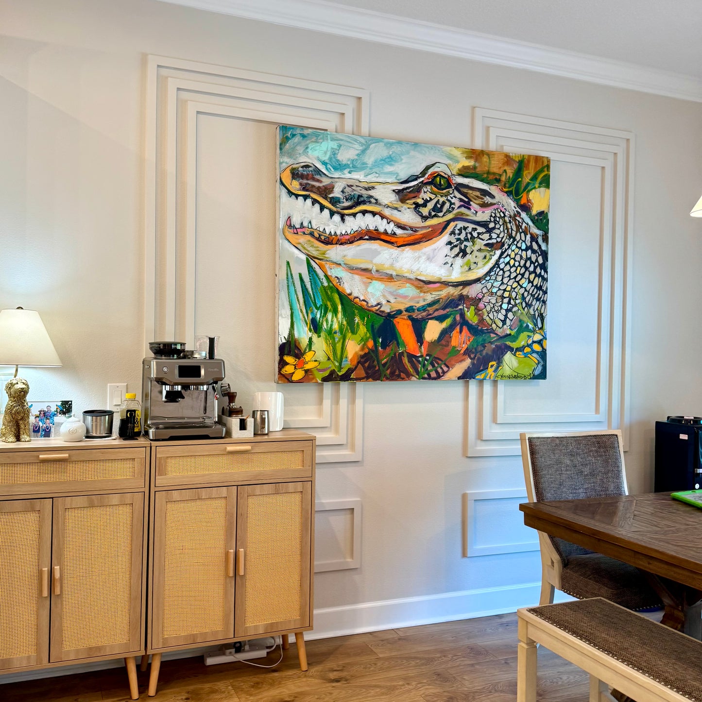 Groovy Gator (36x48”) with natural wood floating frame
