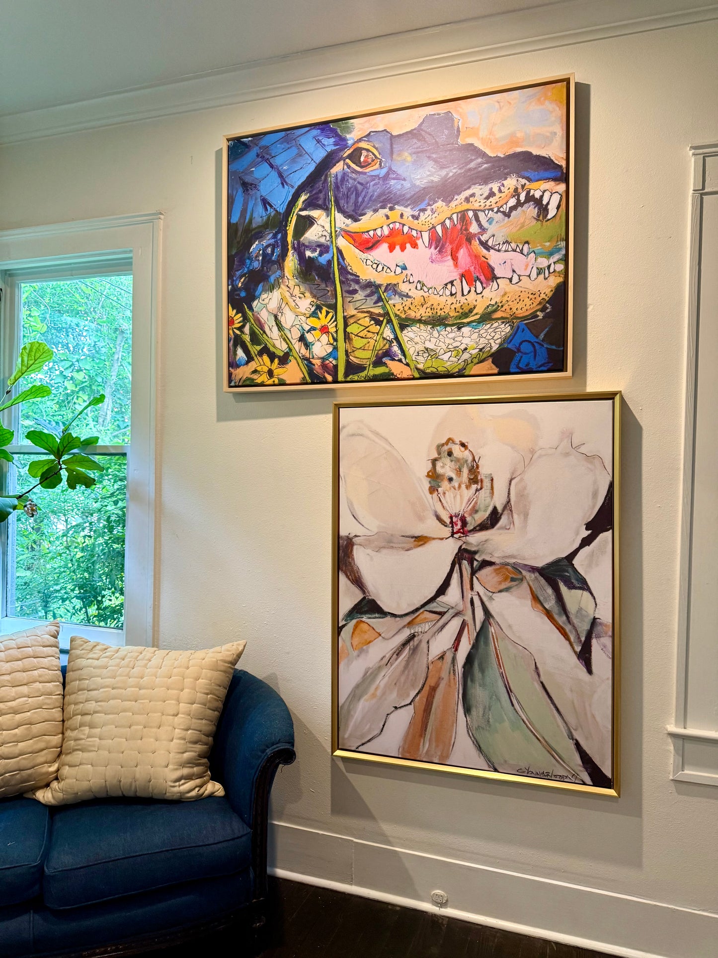 Gator in Wildflowers (36x48”) with natural wood floating frame