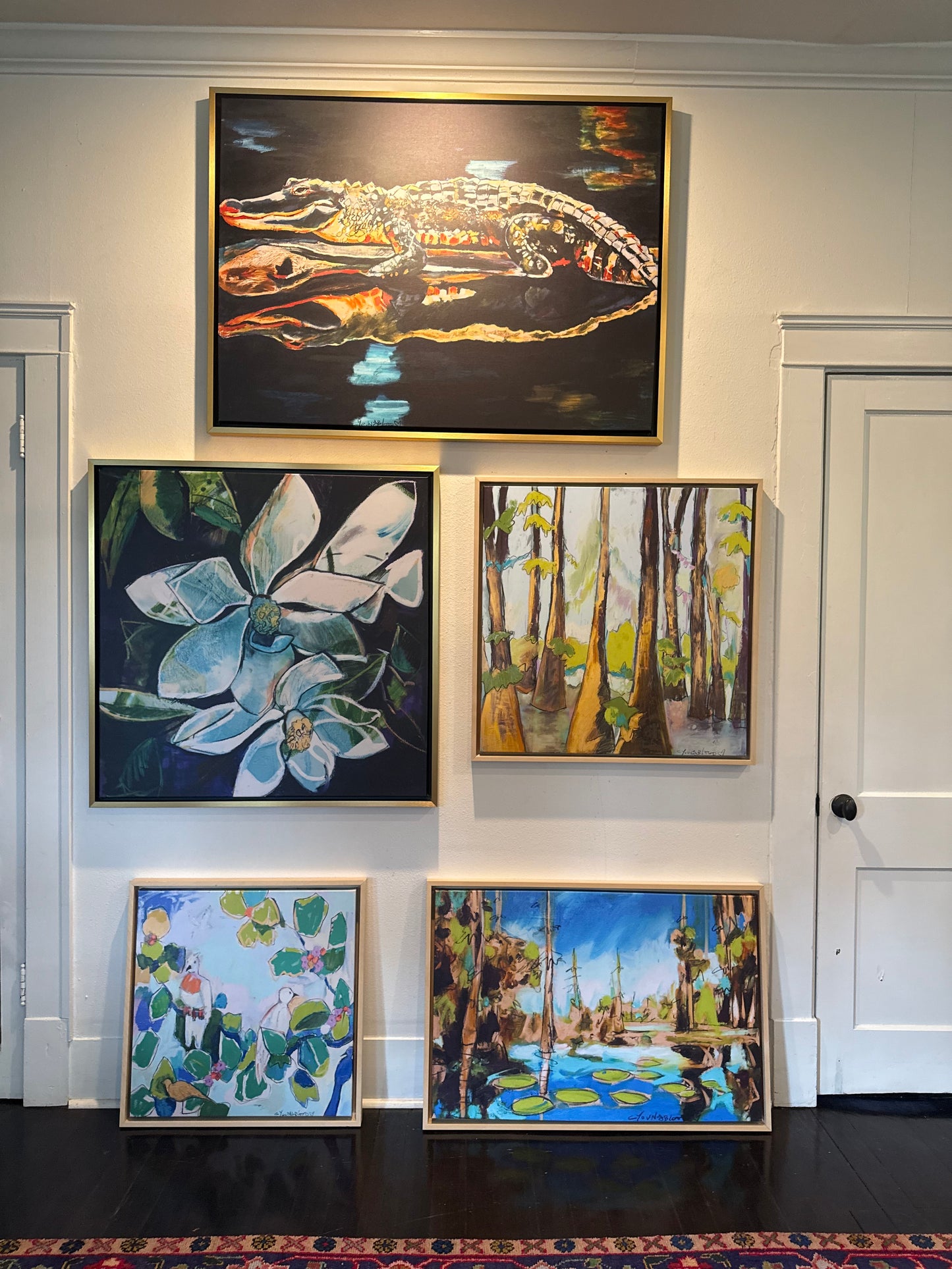 Alligator on a Log in Dark Bayou (36x48”) with gold floating frame