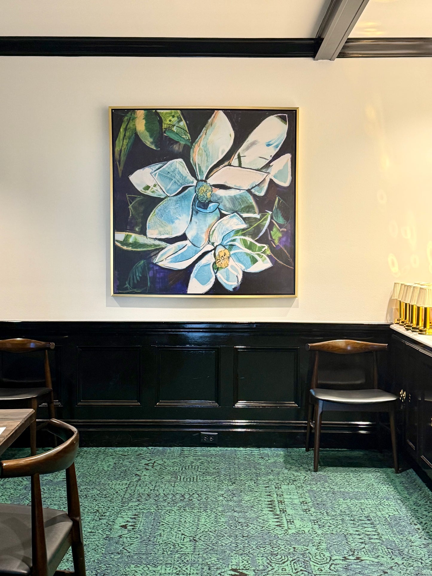 Magnolia at Night (48x48”) with gold floating frame