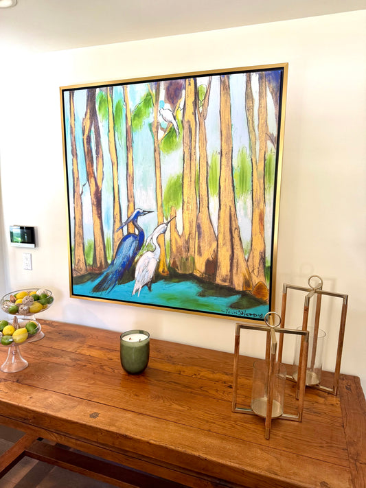 “Love Birds in Golden Bayou” (48x48”) Giclee printed canvas with gold floating frame
