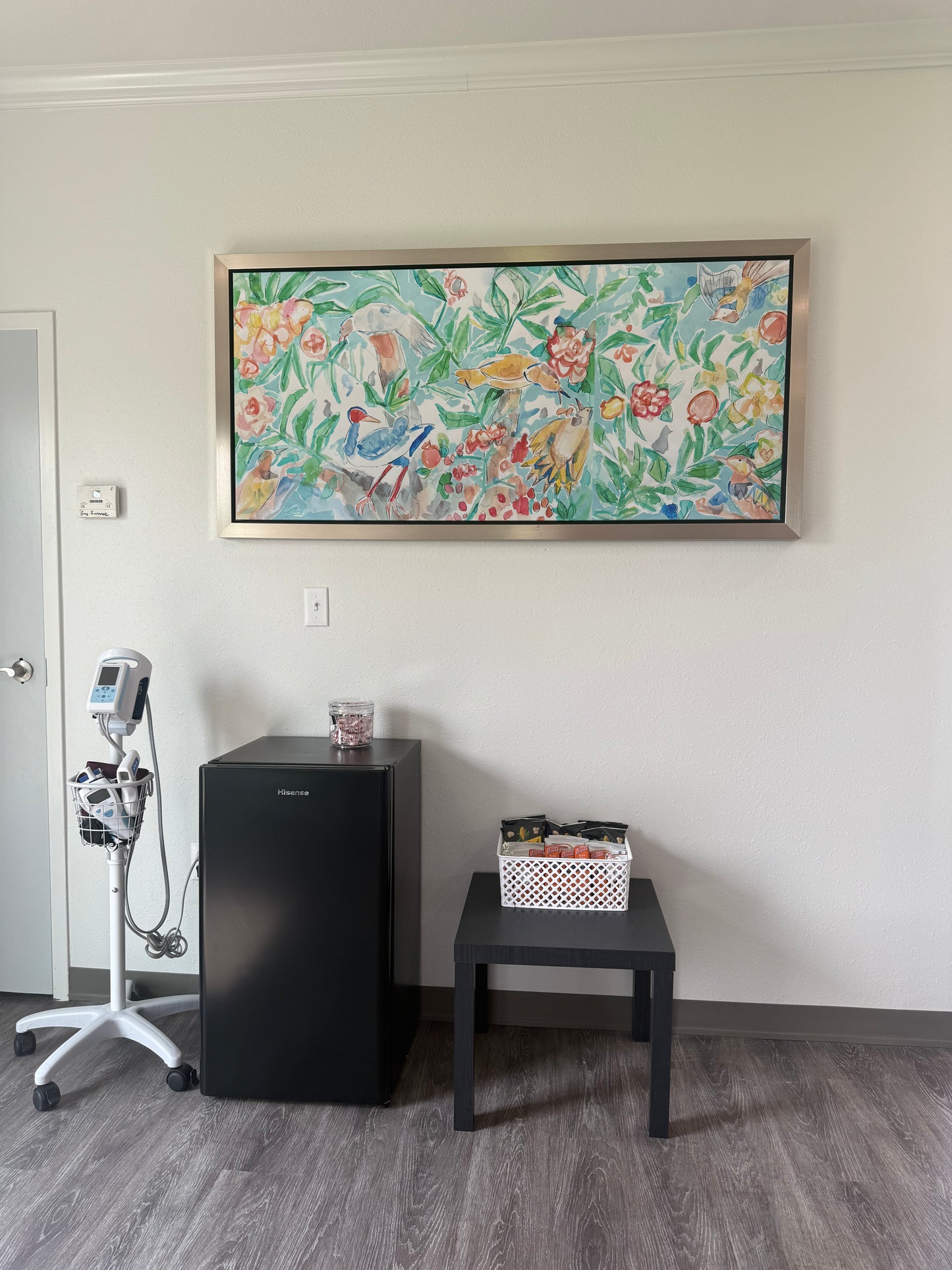 "Tree of Life with Birds Watercolor" giclee on canvas with Champagne Floating Frame (60 x 27")