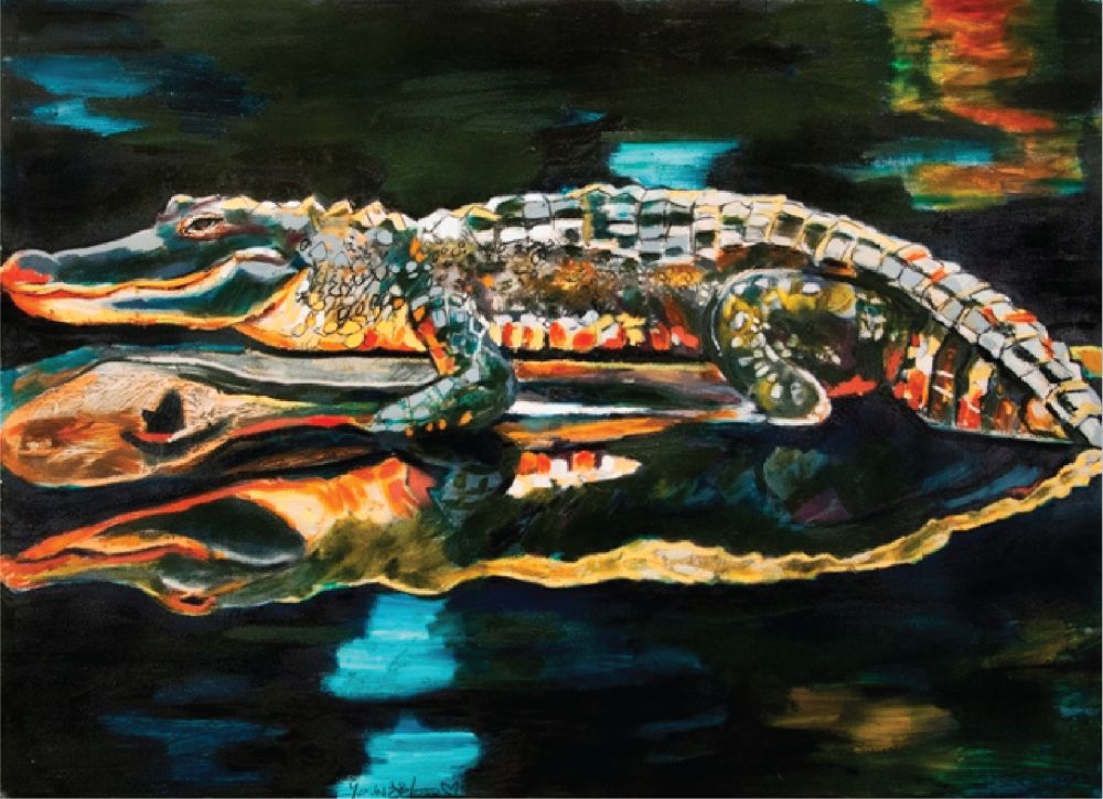 Alligator on a Log in Dark Bayou (36x48”) with gold floating frame