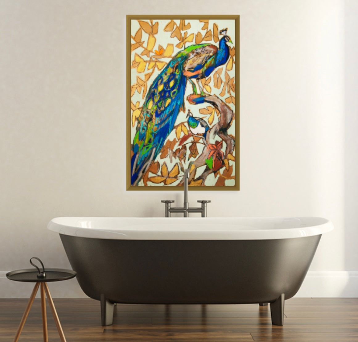 “Peacock Pair” (31x48”) giclee on canvas with gold floating frame