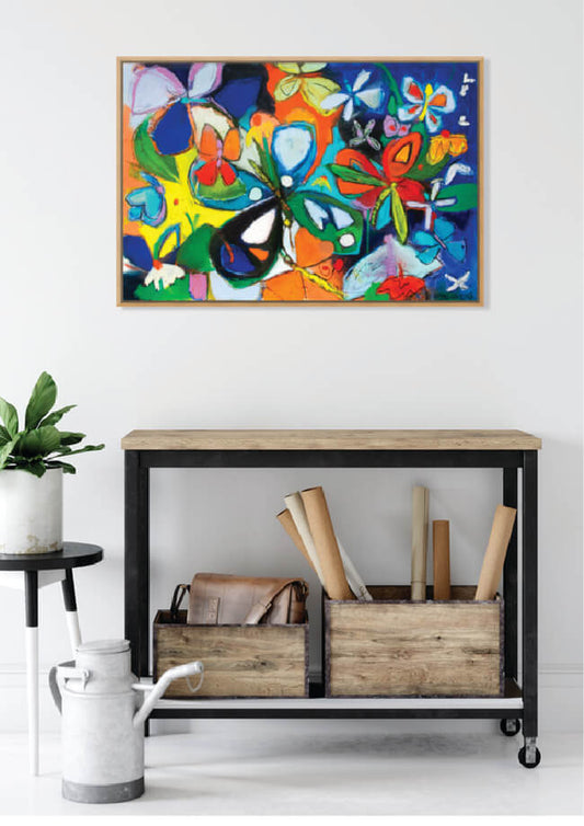 Bayou Butterflies (33x48”) with natural wood floating frame