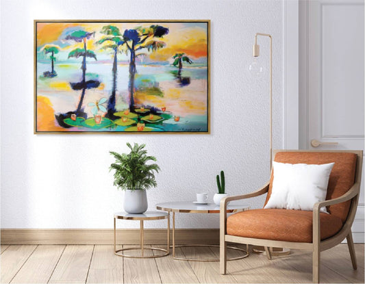 “Bayou Oasis at Sunrise with Lilypads” (48x31”) with Gold Floating Frame