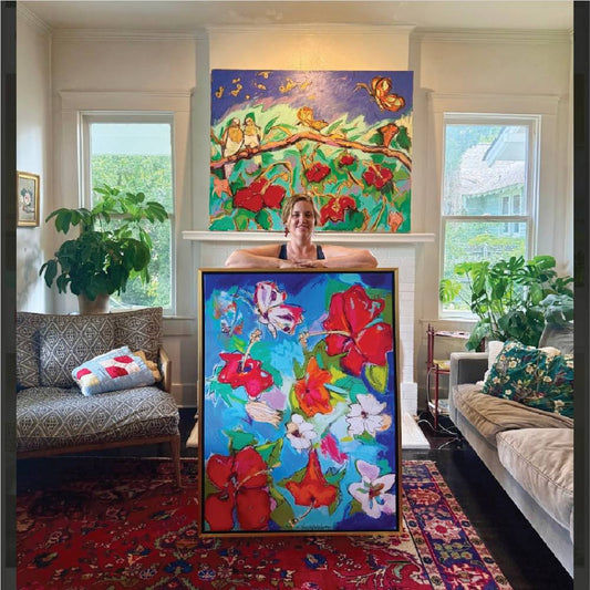 Bayou Oasis with Hibiscus and Butterflies I (36x48”) with gold floating frame