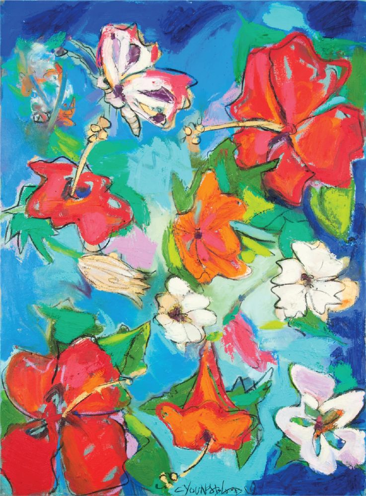 Bayou Oasis with Hibiscus and Butterflies I (36x48”) with gold floating frame