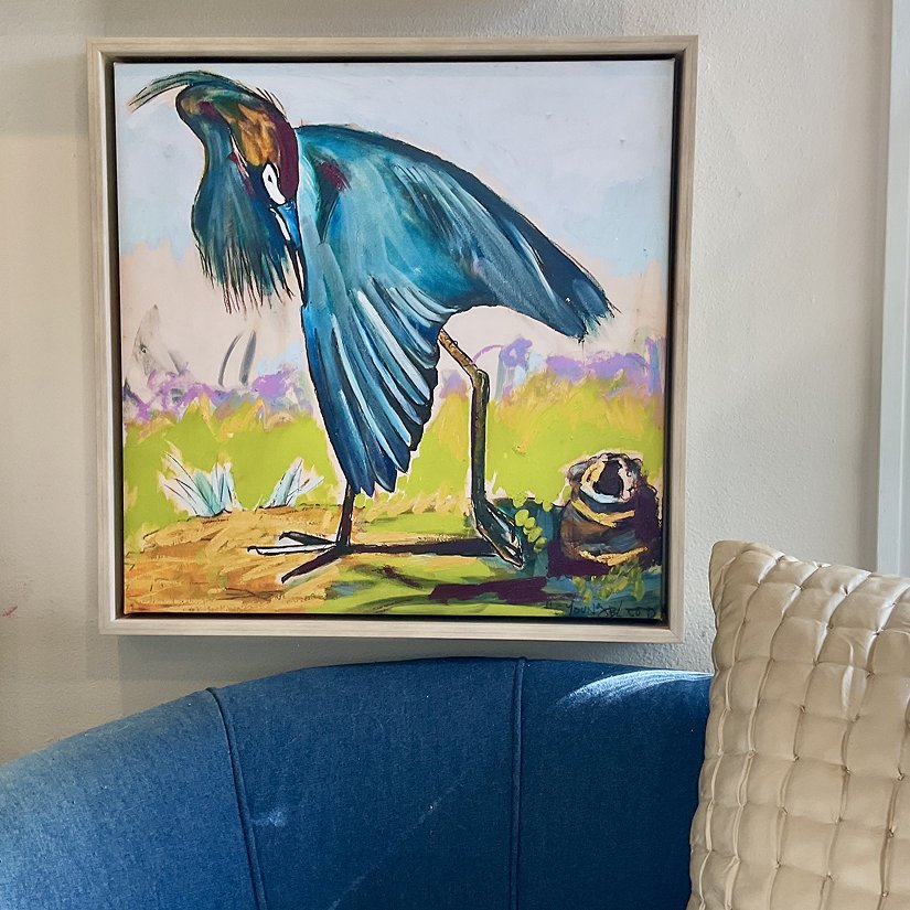 “Blue Heron Showing Wing” (24x24”) with Natural Wood Floating Frame