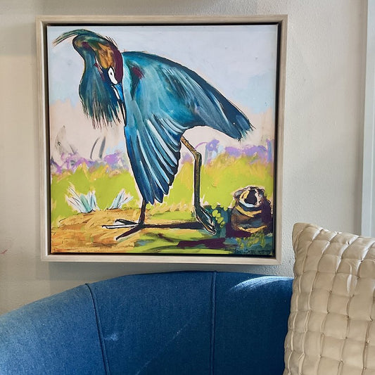 “Blue Heron Showing Wing” (24x24”) with Natural Wood Floating Frame