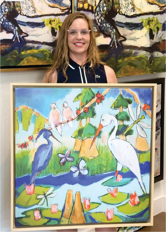 Blue and White Herons in Bayou Oasis (30x30”) with natural wood floating frame