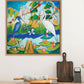 Blue and White Herons in Bayou Oasis (30x30”) with natural wood floating frame