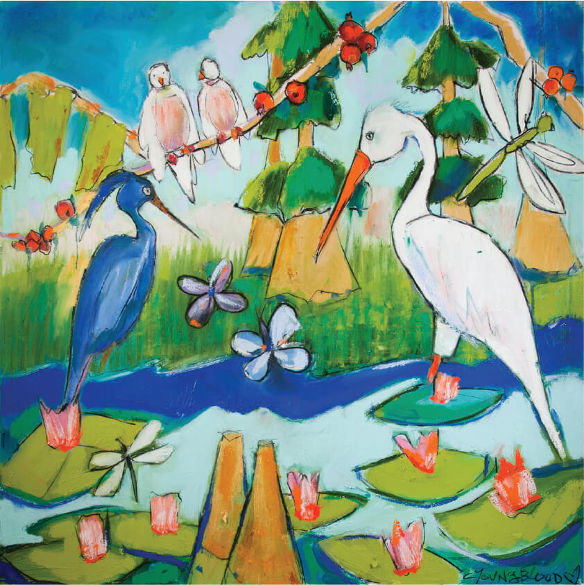 Blue and White Herons in Bayou Oasis (30x30”) with natural wood floating frame