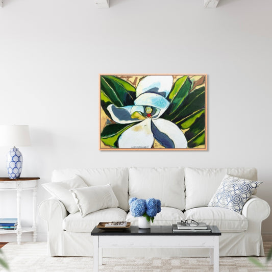 “Shy Magnolia” (36x48”) Giclee printed canvas with natural wood floating frame