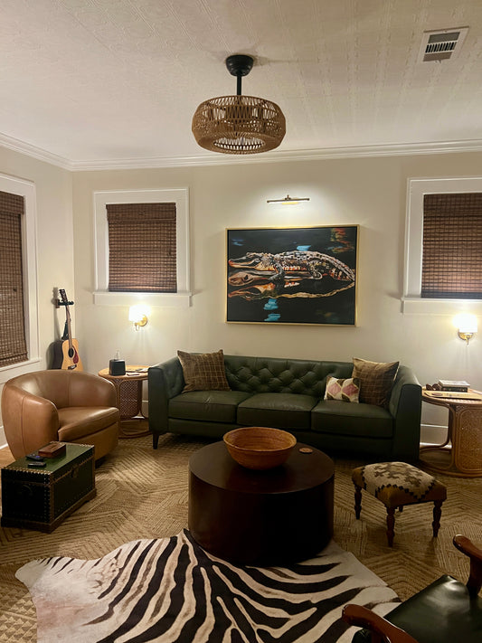 Alligator on a Log in Dark Bayou (36x48”) with gold floating frame